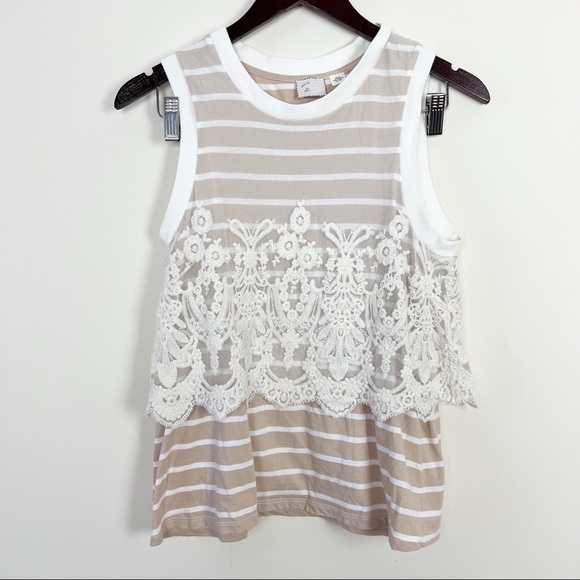 Anthropologie Postmark Tan/White Laced Nautique Tank Top Sz Small - Picture 2 of 7